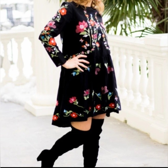 Zara Black Mini Ruffle Tunic Dress With Colorful Floral Embroidery Design XS - Picture 4 of 12